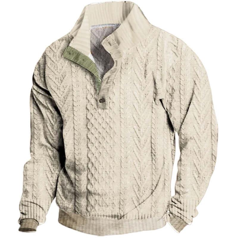 Retro digital printing long sleeve button-up sweater with a Henry collar in a textured cream color.