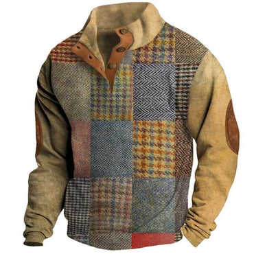 Retro digital printing button-up long sleeve shirt with textured patchwork design and Henry collar.