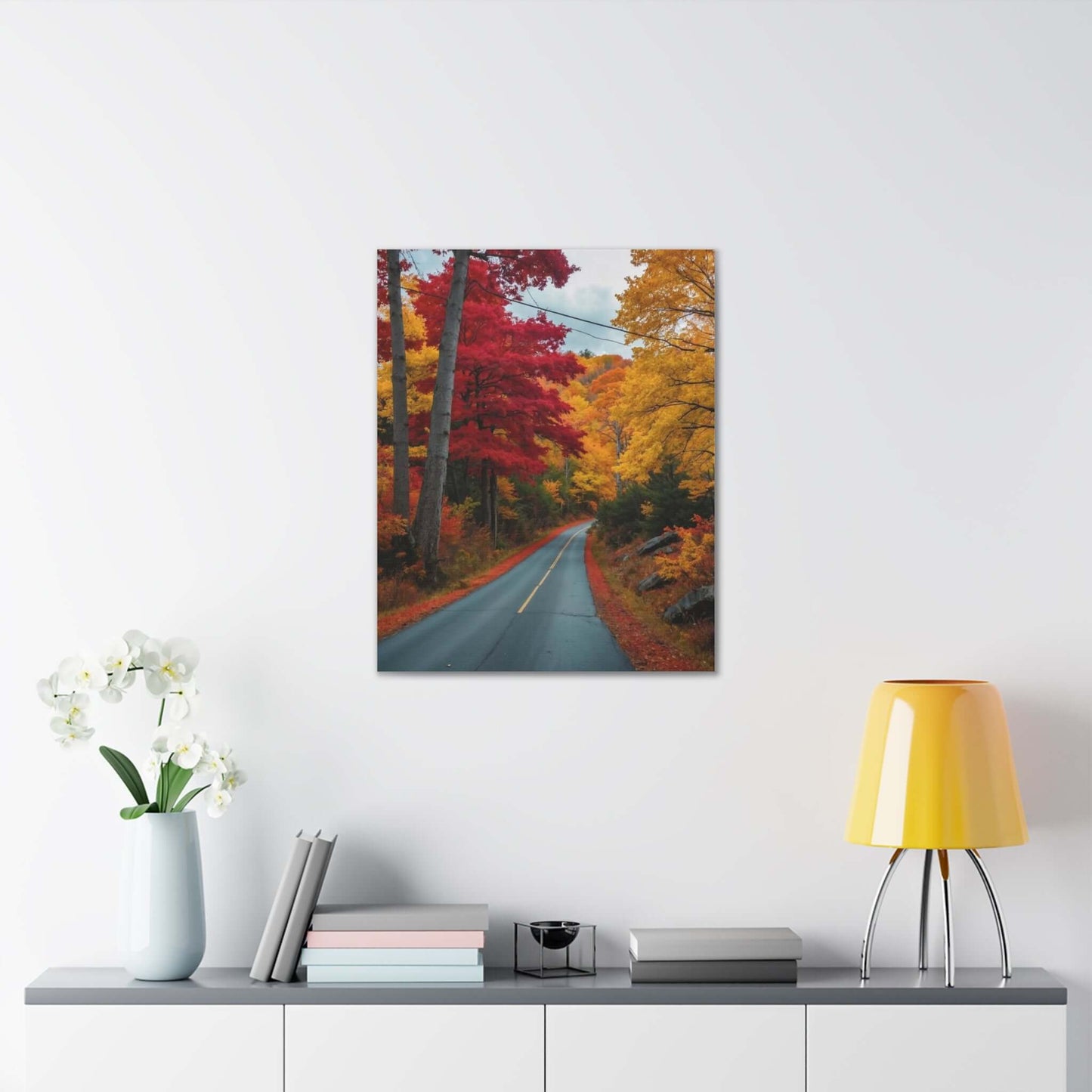 Vibrant fall landscape canvas print featuring a colorful road surrounded by red and yellow trees, perfect for room decor.