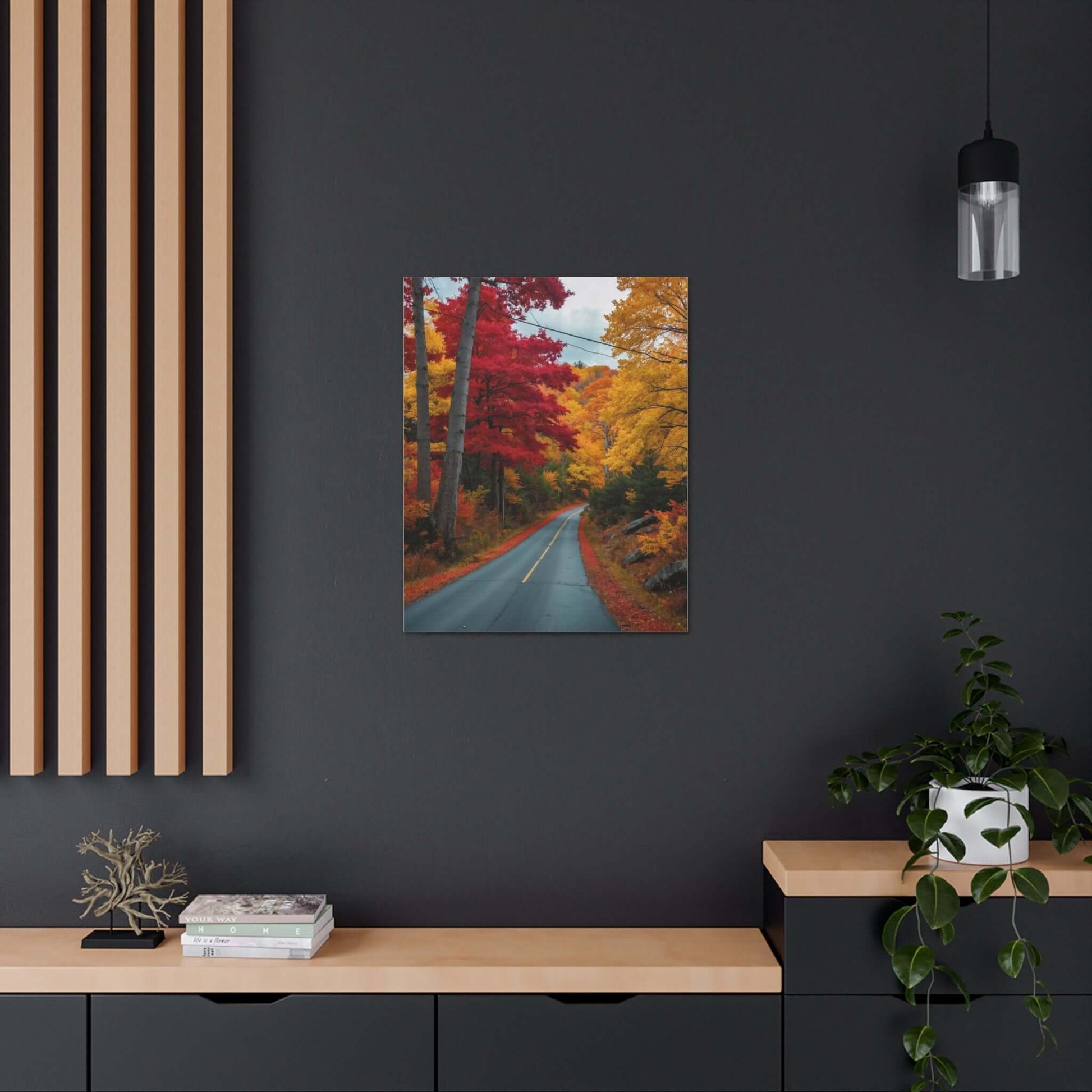 Vibrant autumn landscape canvas print showcasing colorful trees and a peaceful road, enhancing modern room decor.