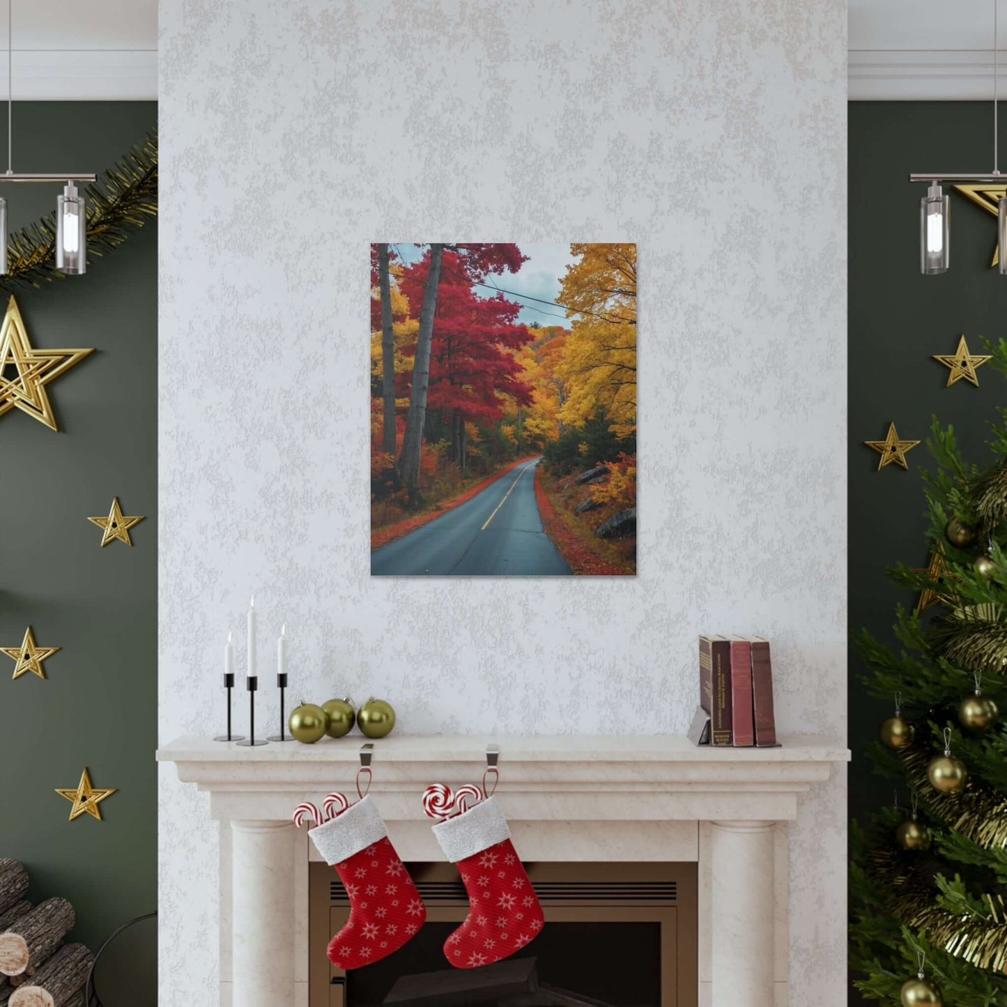 Cozy holiday living room featuring a vibrant autumn canvas print over a fireplace with stockings and festive decor.