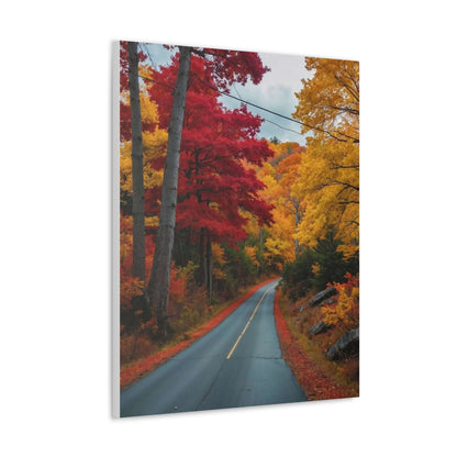 Scenic autumn road framed by vibrant red and yellow trees, perfect for enhancing room decor with a canvas print.