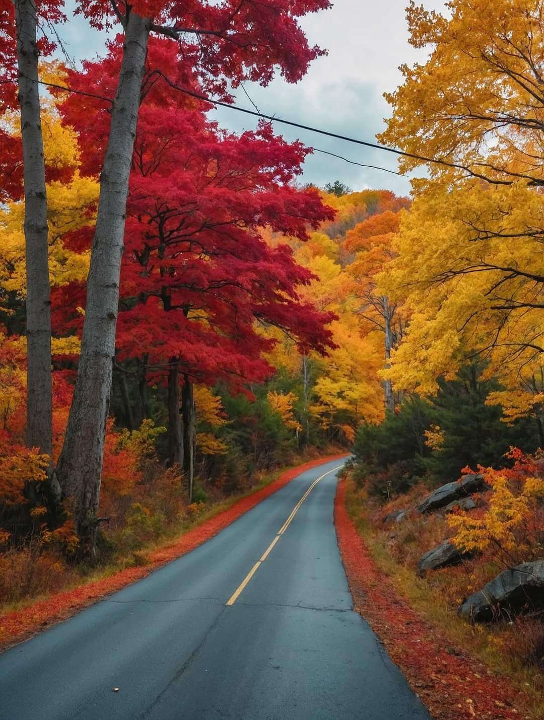 Scenic autumn road surrounded by vibrant red and yellow trees, showcasing fall colors in nature.