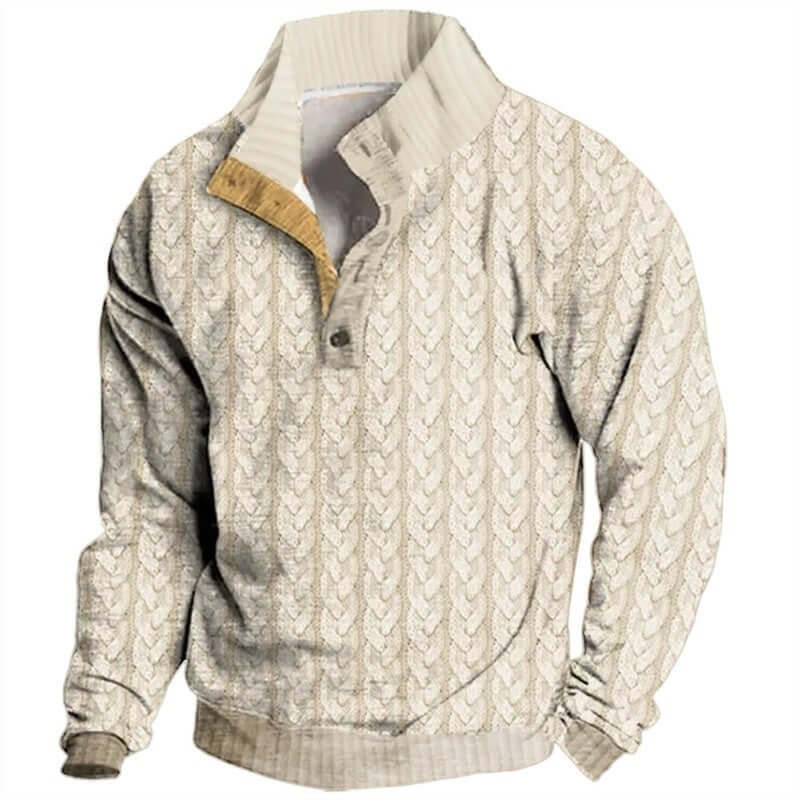 Retro digital printed pullover with Henry collar, featuring a textured 3D effect in beige tones. Available in multiple sizes.