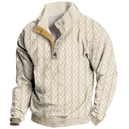 Retro digital printing pullover with a Henry collar and textured pattern in beige and cream hues.