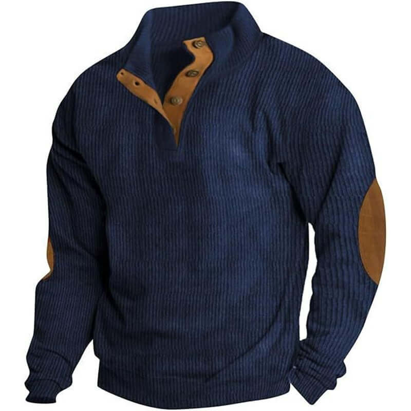 Retro digital printing button henley collar sweatshirt in navy, featuring elbow patches and a ribbed texture.